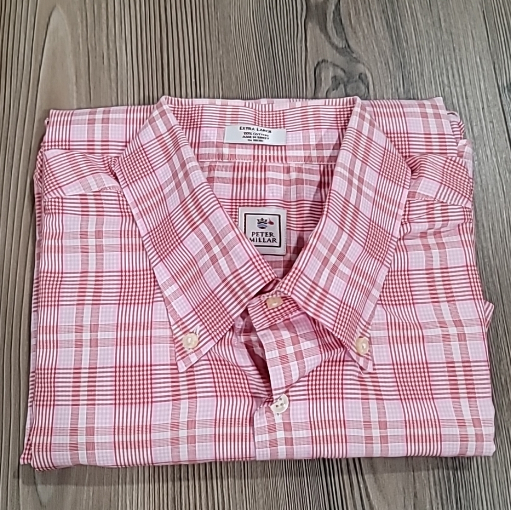 Peter Millar Men Shirt XL Red/Pink Plaid Button Up Long Sleeves Colorful Cotton.